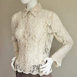 VTG 1990s Y2K Beads Pearls Lace Sheer Fitted Old Money Blouse Button Top Sz S